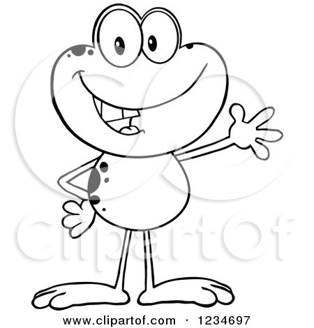 Clipart of a Black and White Presenting Frog Character - Royalty Free Vector Illustration by Hit Toon