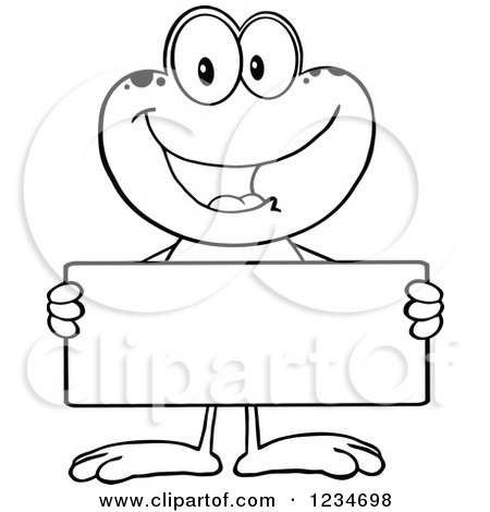 Clipart of a Black and White Frog Character Holding a Blank Sign - Royalty Free Vector Illustration by Hit Toon
