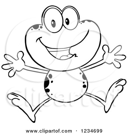 Clipart of a Black and White Happy Frog Character Jumping - Royalty Free Vector Illustration by Hit Toon