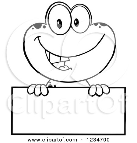 Clipart of a Black and White Frog Character Smiling over a Blank Sign - Royalty Free Vector Illustration by Hit Toon