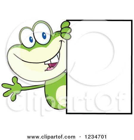 Clipart of a Frog Character Waving Around a Blank Sign - Royalty Free Vector Illustration by Hit Toon