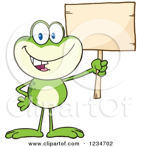 Clipart of a Frog Character Holding up a Blank Sign - Royalty Free Vector Illustration by Hit Toon