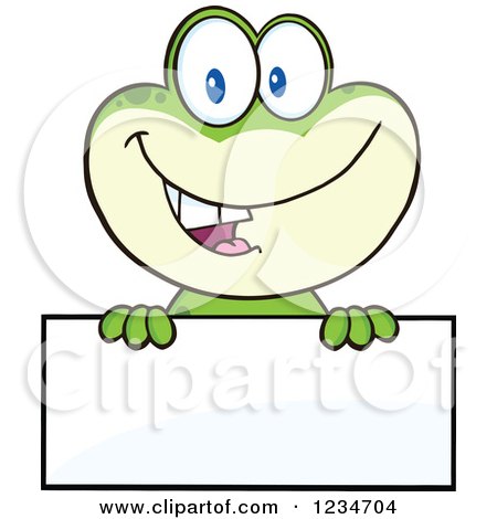 Clipart of a Frog Character Smiling over a Blank Sign - Royalty Free Vector Illustration by Hit Toon
