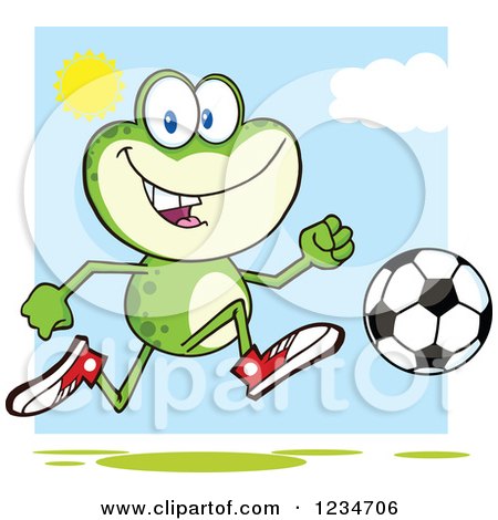 Clipart of a Frog Character Playing Soccer on a Sunny Day - Royalty Free Vector Illustration by Hit Toon
