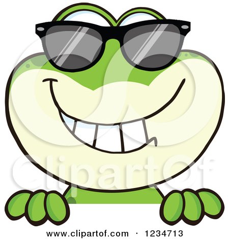Clipart of a Frog Character Wearing Sunglasses and Smiling over a Sign - Royalty Free Vector Illustration by Hit Toon