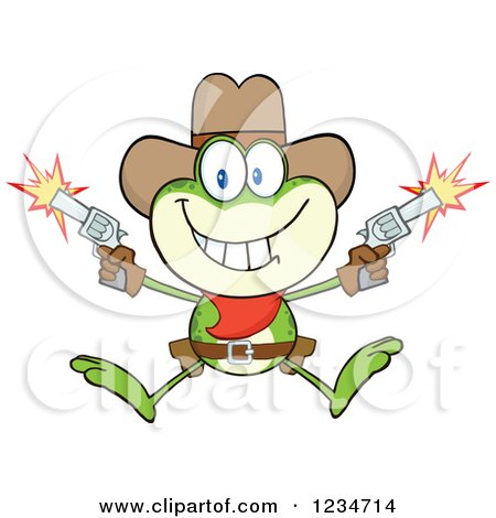 Clipart of a Jumping Cowboy Frog Character Shooting Pistols - Royalty Free Vector Illustration by Hit Toon