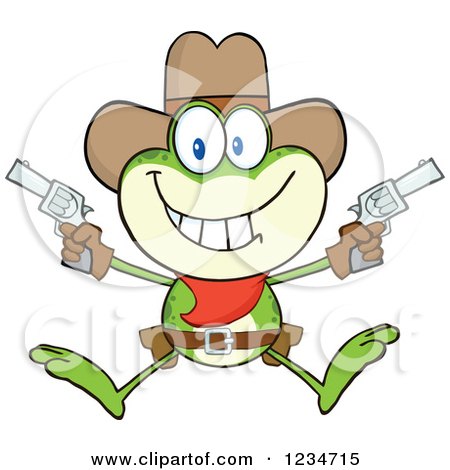 Clipart of a Cowboy Frog Character Shooting Pistols - Royalty Free Vector Illustration by Hit Toon