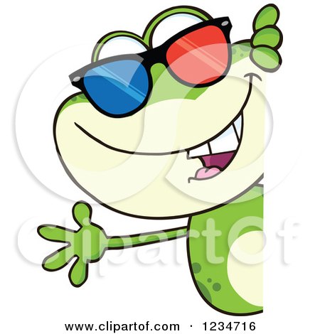 Clipart of a Frog Character Wearing 3d Glasses and Waving Around a Sign - Royalty Free Vector Illustration by Hit Toon