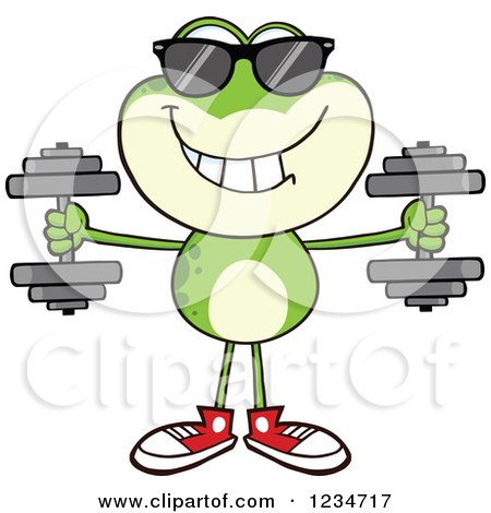 Clipart of a Frog Character Wearing Sunglasses and Working out with Dumbbells - Royalty Free Vector Illustration by Hit Toon