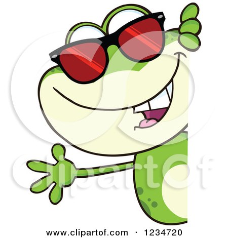 Clipart of a Frog Character Wearing Sunglasses and Waving Around a Sign - Royalty Free Vector Illustration by Hit Toon