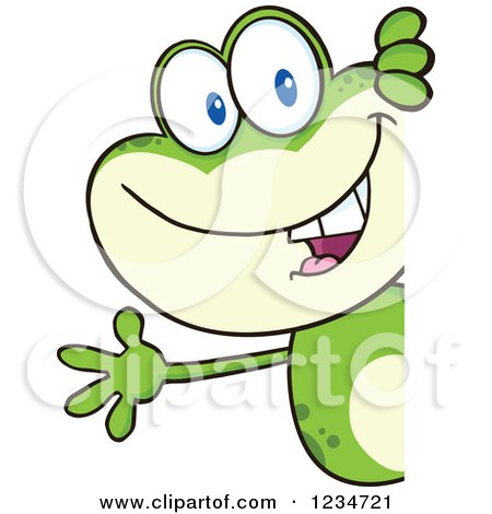 Clipart of a Frog Character Waving Around a Sign - Royalty Free Vector Illustration by Hit Toon