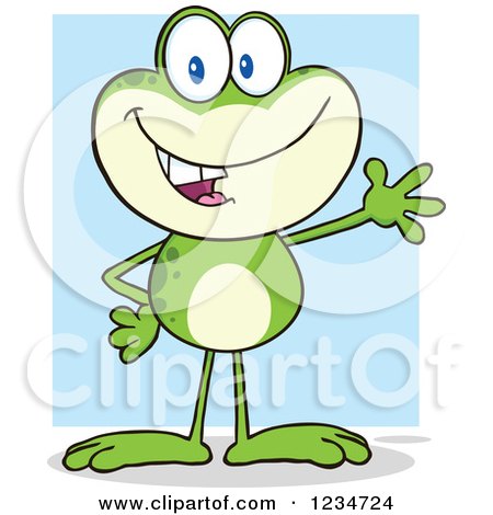 Clipart of a Presenting Frog Character over Blue - Royalty Free Vector Illustration by Hit Toon
