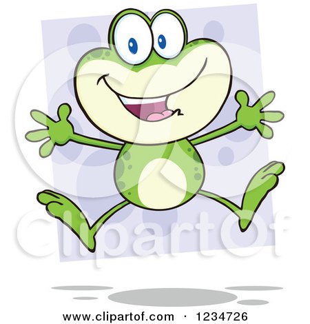 Clipart of a Happy Frog Character Jumping over Purple - Royalty Free Vector Illustration by Hit Toon