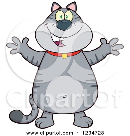 Clipart of a Gray Tabby Cat Standing with Open Arms - Royalty Free Vector Illustration by Hit Toon