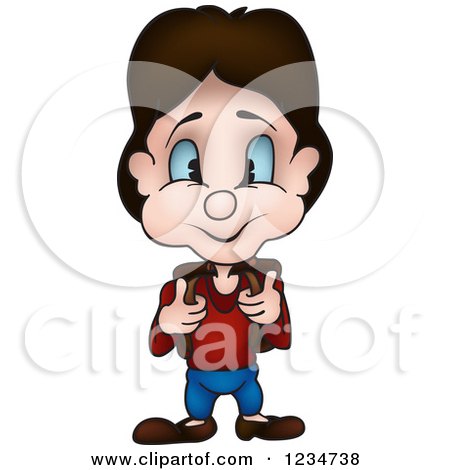 Clipart of a Brunette School Boy Holding onto His Backpack Straps - Royalty Free Vector Illustration by dero