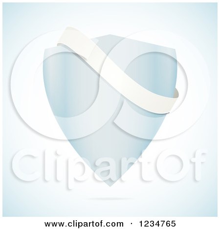 Clipart of a Floating Blue Shield with a White Banner over Shading - Royalty Free Vector Illustration by elaineitalia