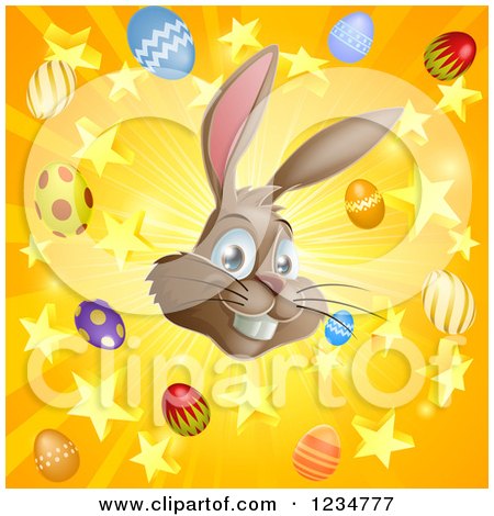 Clipart of a Burst of Rays Stars Eggs and a Brown Easter Bunny - Royalty Free Vector Illustration by AtStockIllustration