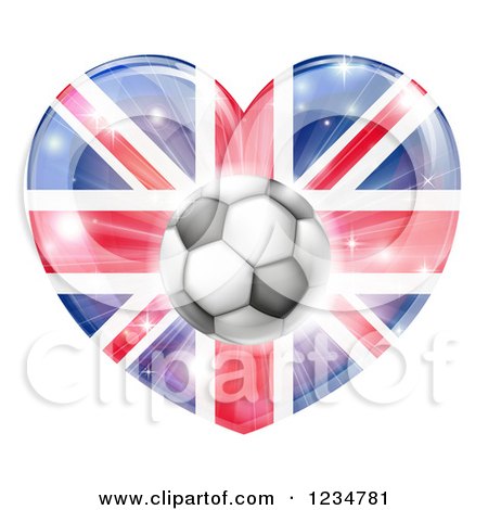 Clipart of a 3d Reflective British Union Jack Flag Heart and Soccer Ball - Royalty Free Vector Illustration by AtStockIllustration
