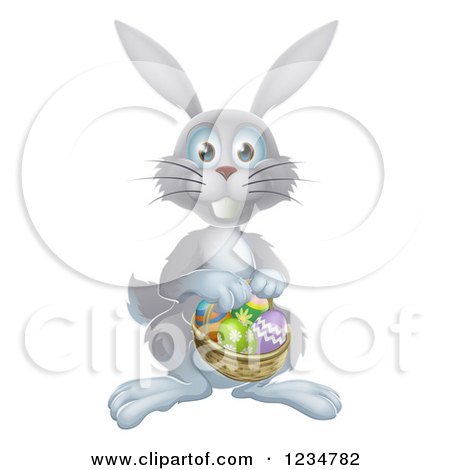 Clipart of a Gray Bunny with Easter Eggs and a Basket - Royalty Free Vector Illustration by AtStockIllustration