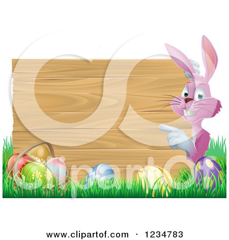 Clipart of a Pink Bunny Pointing to a Wood Sign with Grass and Easter Eggs - Royalty Free Vector Illustration by AtStockIllustration