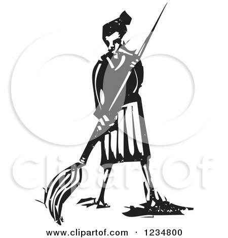 Clipart of a Black and White Woodcut Artist Woman with a Giant Paintbrush - Royalty Free Vector Illustration by xunantunich
