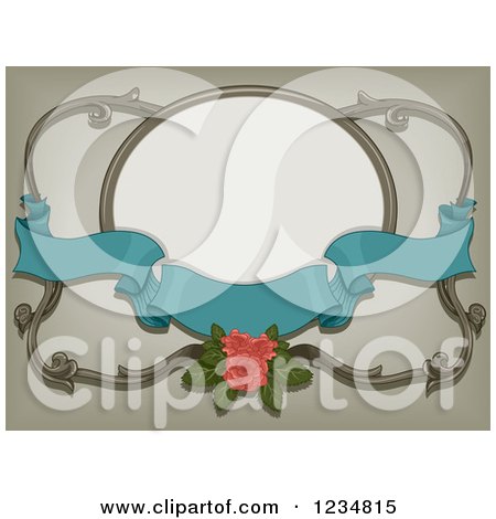 Clipart of a Turquoise Ribbon Banner with a Pink Rose and a Frame - Royalty Free Vector Illustration by BNP Design Studio