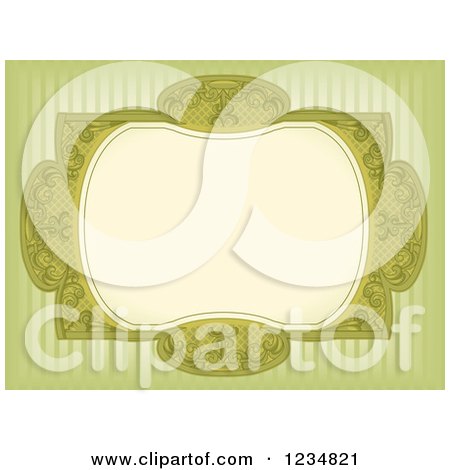 Clipart of a Vintage Green Ornate Floral Frame over Stripes - Royalty Free Vector Illustration by BNP Design Studio