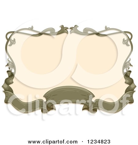 Clipart of a Vintage Green Ribbon Banner and Floral Frame Around Beige - Royalty Free Vector Illustration by BNP Design Studio