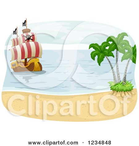 Clipart of a Beach and Approaching Pirate Ship - Royalty Free Vector Illustration by BNP Design Studio