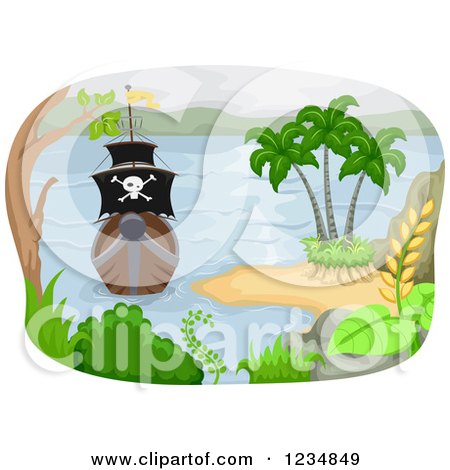 Clipart of a Tropical Island and Pirate Ship Appraoching - Royalty Free Vector Illustration by BNP Design Studio
