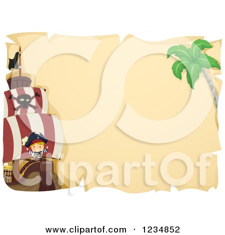 Clipart of a Boy Pirate Captain on a Ship over Parchment - Royalty Free Vector Illustration by BNP Design Studio