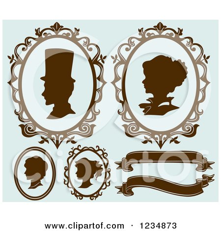 Clipart of Brown and Blue Cameo Styled Family Profiles and Banners - Royalty Free Vector Illustration by BNP Design Studio