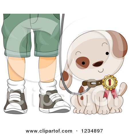 Clipart of a Puppy Dog Wearing a First Place Ribbon by His Master's Legs - Royalty Free Vector Illustration by BNP Design Studio