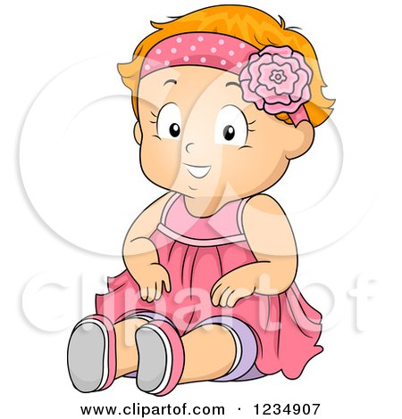 Clipart of a Happy Red Haired Toddler Girl Sitting in a Pink Dress - Royalty Free Vector Illustration by BNP Design Studio