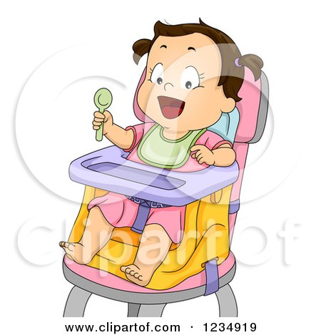 Clipart of a Hungry Brunette Caucasian Baby Girl in a High Chair - Royalty Free Vector Illustration by BNP Design Studio
