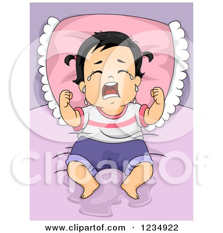 Clipart of a Crying Baby Girl Wetting the Bed - Royalty Free Vector Illustration by BNP Design Studio