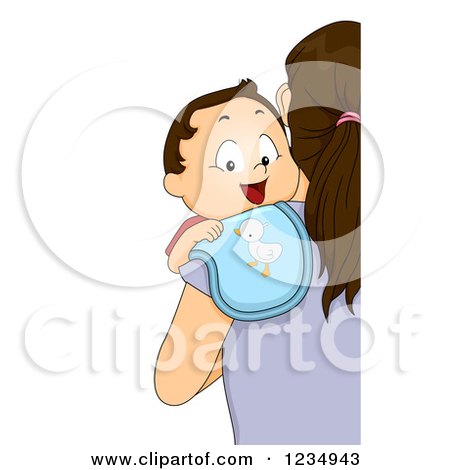 Clipart of a Caucasian Baby Boy Smiling with a Burp Cloth over His Mother's Shoulder - Royalty Free Vector Illustration by BNP Design Studio