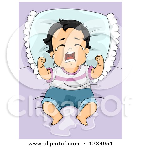 Clipart of a Crying Baby Boy Wetting the Bed - Royalty Free Vector Illustration by BNP Design Studio