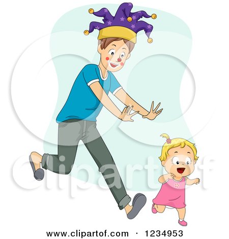 Clipart of a Young Father Wearing a Fools Hat and Chasing a Blond Toddler Girl - Royalty Free Vector Illustration by BNP Design Studio