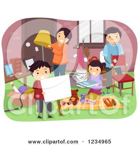 Clipart of a Happy Family Setting up a Yard Sale - Royalty Free Vector Illustration by BNP Design Studio