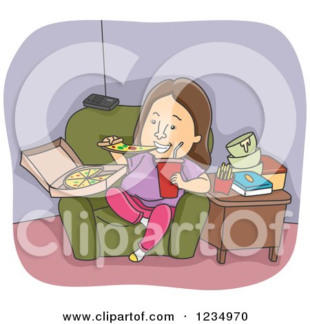 Clipart of a Chubby Woman Eating a Pizza in a Chair - Royalty Free Vector Illustration by BNP Design Studio