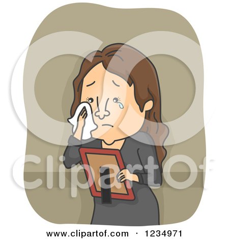 Clipart of a Caucasian Woman Crying and Looking at a Picture of a Deceased Loved One - Royalty Free Vector Illustration by BNP Design Studio