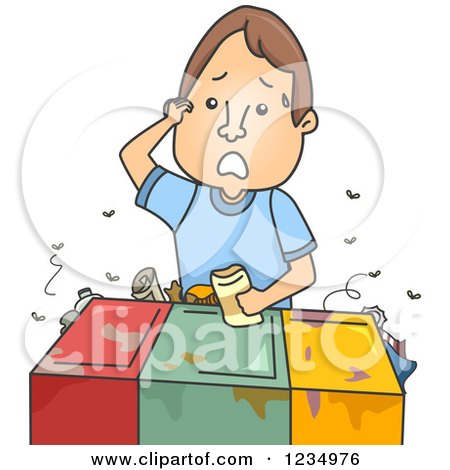 Clipart of a Confused Caucasian Man Trying to Figure out Where a Recycle Item Belongs - Royalty Free Vector Illustration by BNP Design Studio