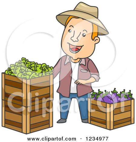 Clipart of a Caucasian Farmer Man with Crates of Fresh Produce - Royalty Free Vector Illustration by BNP Design Studio