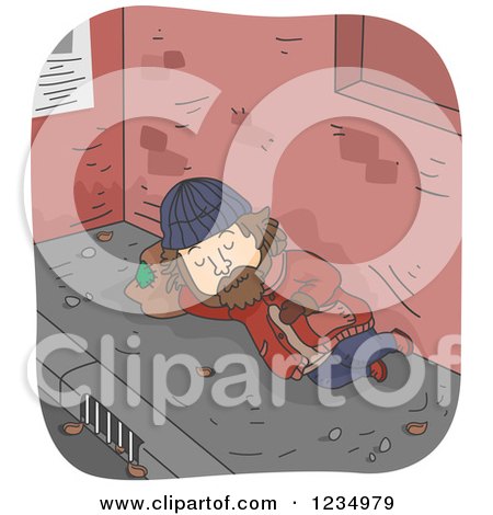 Clipart of a Homless Caucasian Man Sleeping on a Sidewalk - Royalty Free Vector Illustration by BNP Design Studio