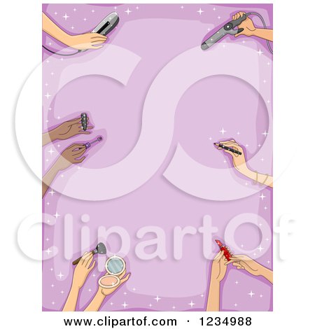 Clipart of a Border of Hands with Makeup and Hair Items over Purple - Royalty Free Vector Illustration by BNP Design Studio