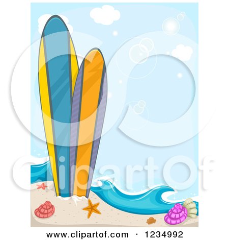 Clipart of a Beach Backgorund with Sea Shells and Surfboards - Royalty Free Vector Illustration by BNP Design Studio