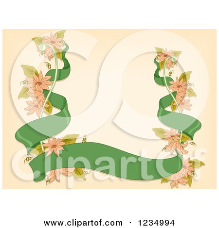 Clipart of a Green Ribbon Banner with Pink Flowers over Beige - Royalty Free Vector Illustration by BNP Design Studio