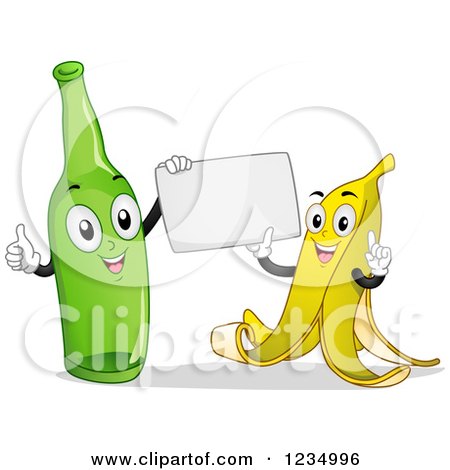 Clipart of Happy Banana Peel and Bottle Characters Holding a Sign - Royalty Free Vector Illustration by BNP Design Studio