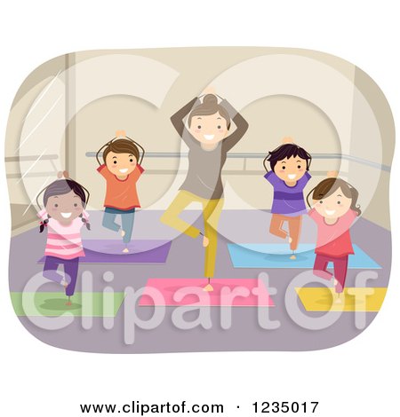 Clipart of a Woman Instructing a Childrens Yoga Class - Royalty Free Vector Illustration by BNP Design Studio